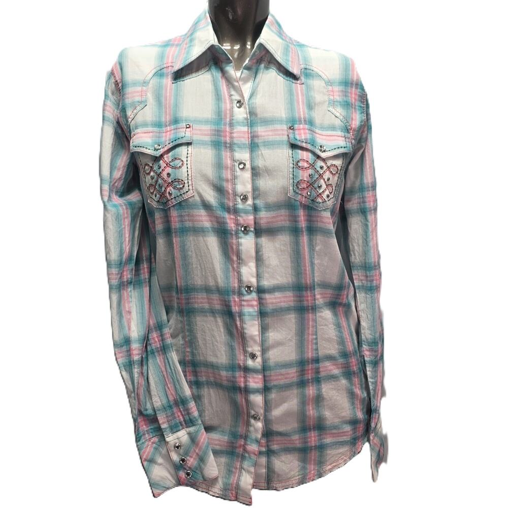 Rock 47 Wrangler Shirt Women Small Pink Blue Plaid Rhinestone Western Embroidery